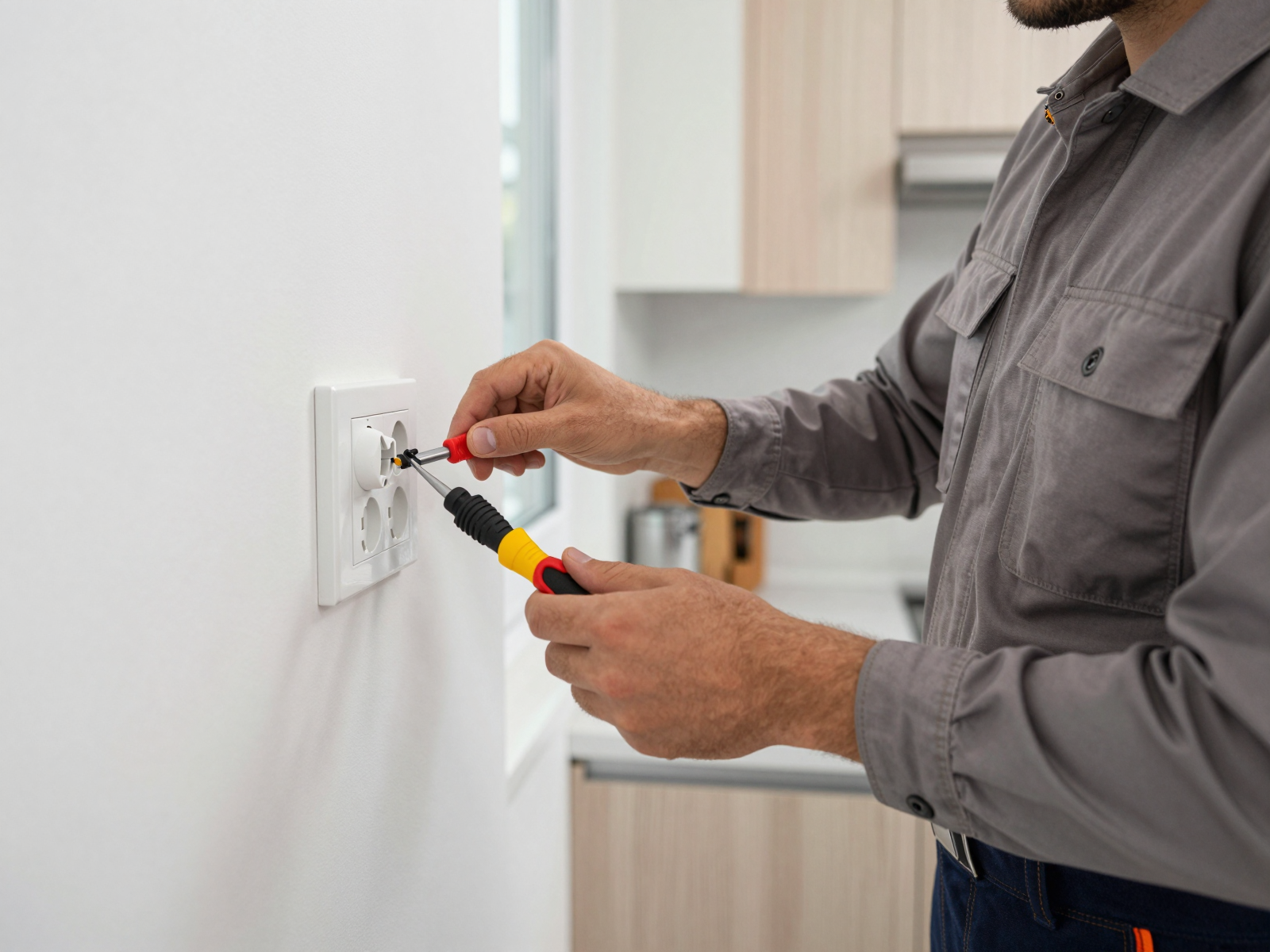 Electrician installing duplex outlet in residential kitchen